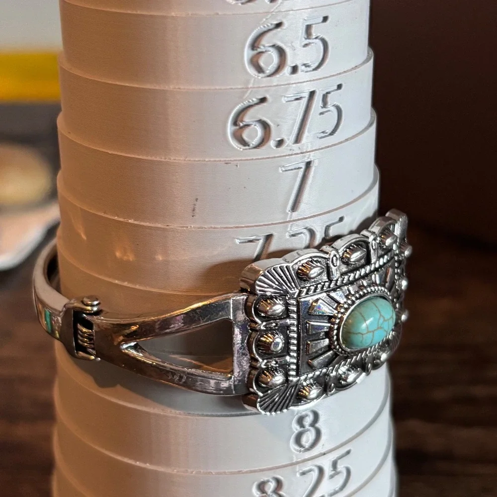 Western Faux Turquoise Silver Tone Hinged Cuff Bracelet Southwestern Boho 7.25in